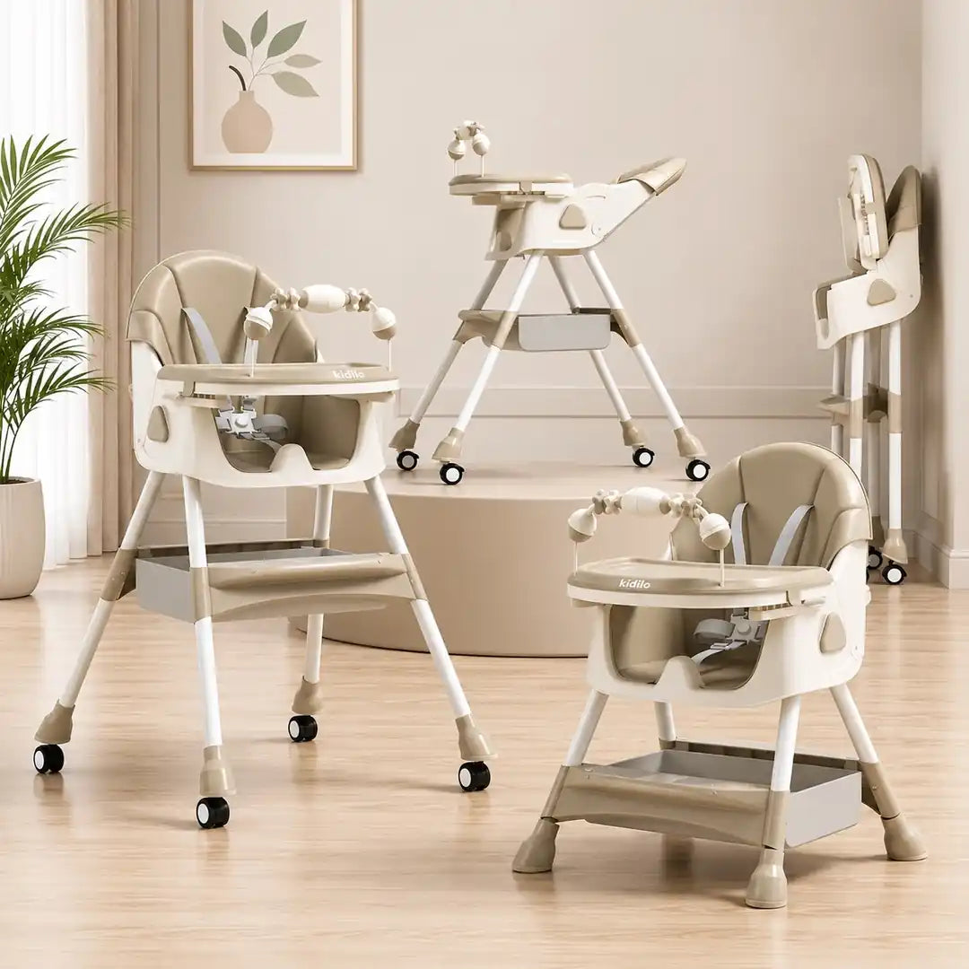 Kidilo baby high chair beige color with multiple seating and folding positions