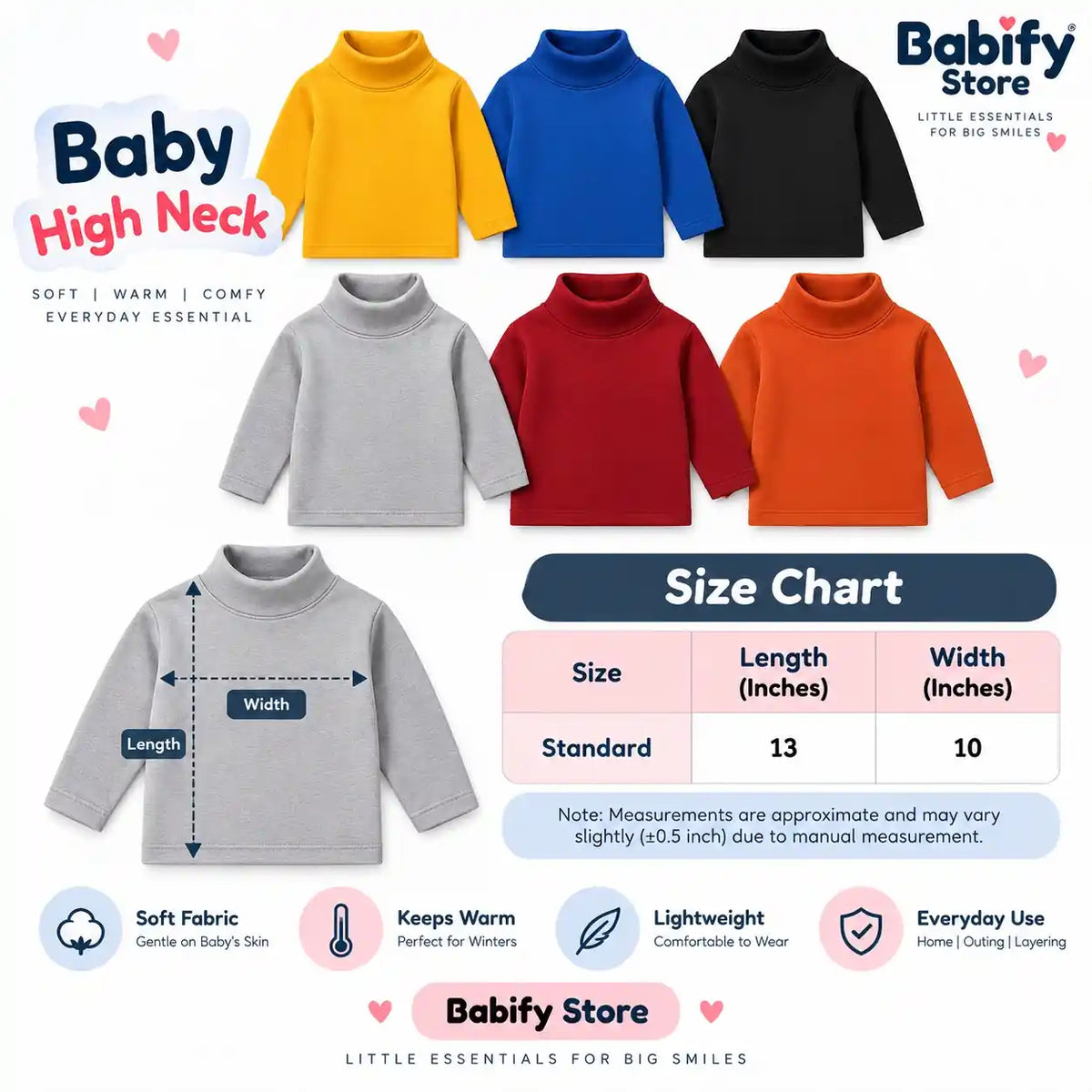 Pack of 6 Baby High Necks size chart for 0 to 6 months with 13 inch length and 10 inch width