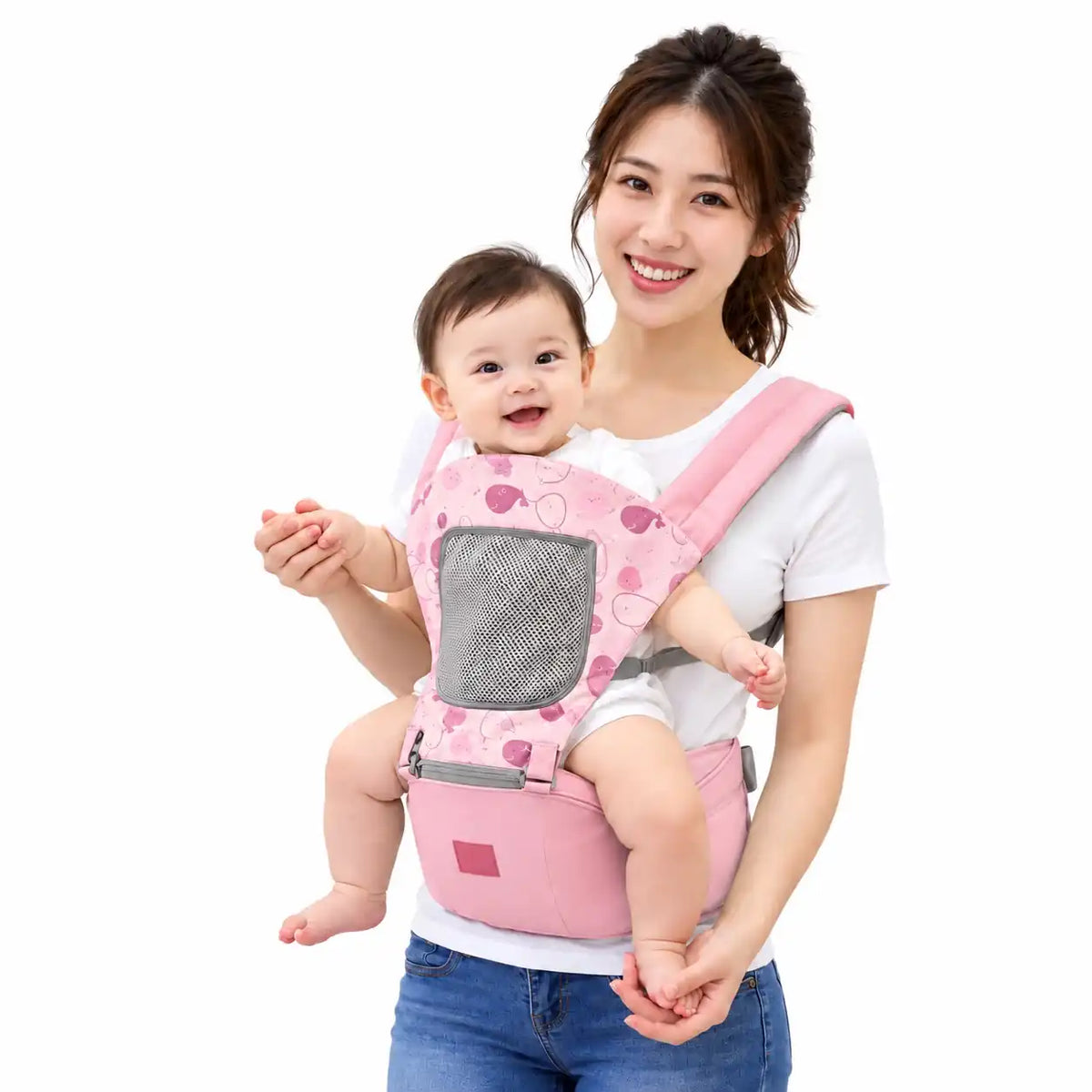 Adjustable Baby Carrier Belt with Hip Seat and Mesh Panel – Pink