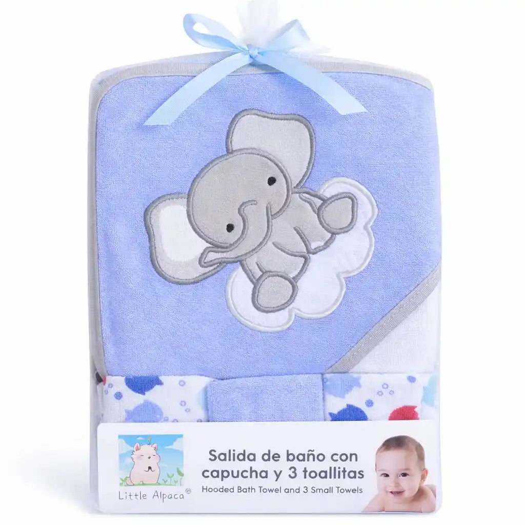 Blue Baby Hooded Bath Towel Set with Cute Elephant Design and 3 Wash Cloths