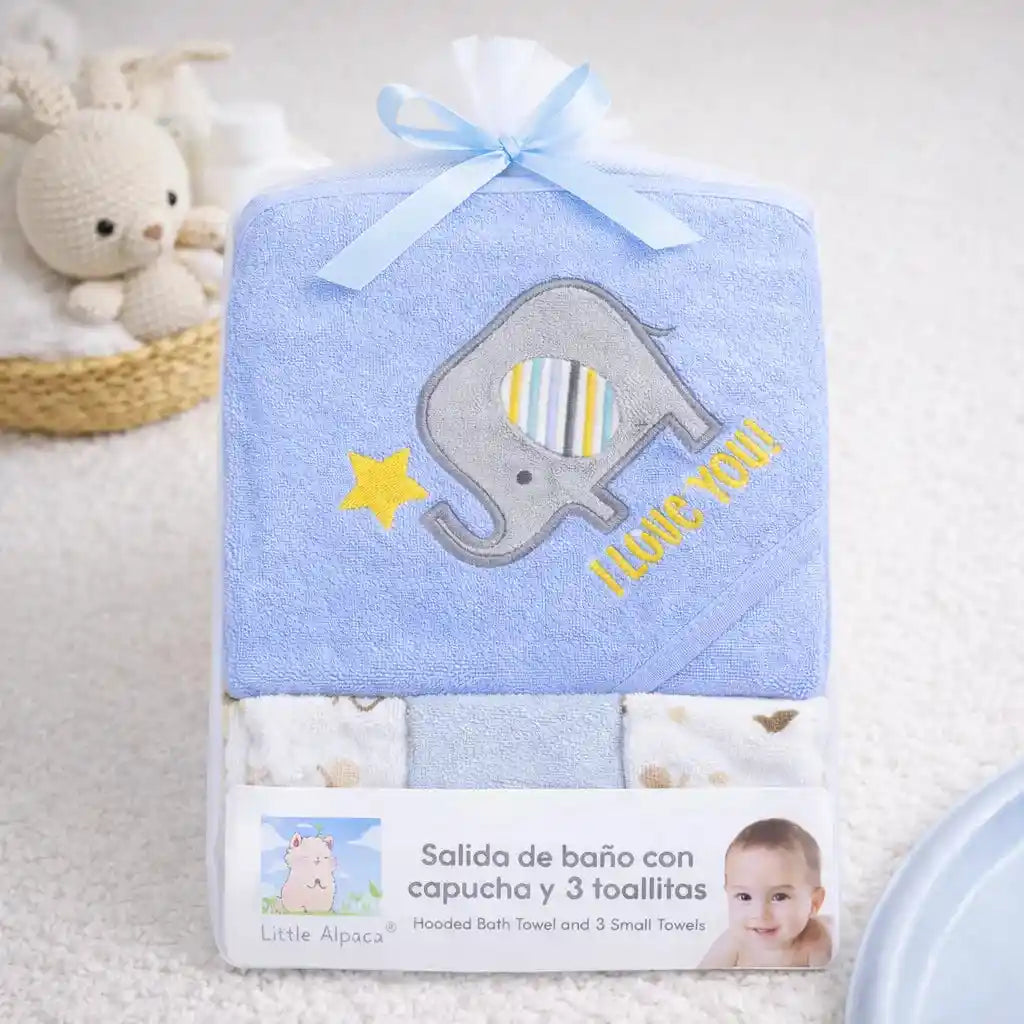 Blue Baby Hooded Bath Towel Set with 3 Soft Wash Cloths for Newborn Bath Time