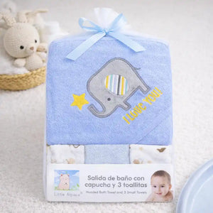 Blue Baby Hooded Bath Towel Set with 3 Soft Wash Cloths for Newborn Bath Time