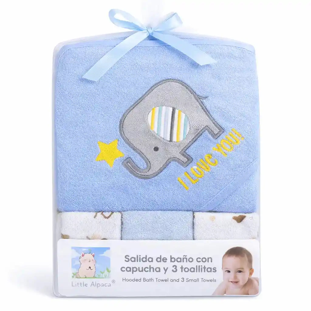 Blue Baby Hooded Bath Towel Set with Cute Animal Design and 3 Soft Wash Cloths