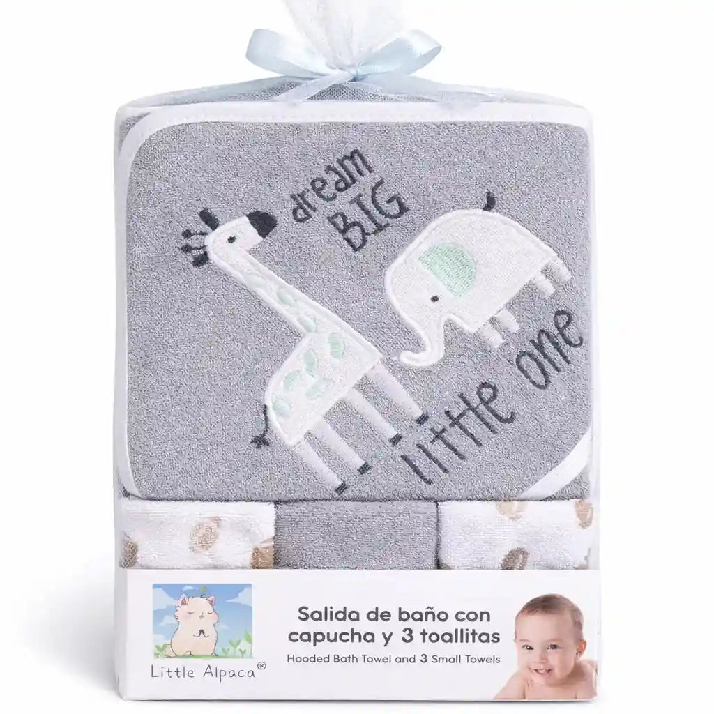 Grey Baby Hooded Bath Towel Set with Little Prince Design and 3 Soft Wash Cloths