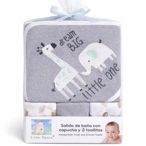 Grey Baby Hooded Bath Towel Set with Little Prince Design and 3 Soft Wash Cloths