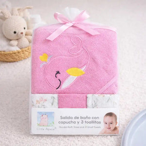 Pink Butterfly Baby Hooded Bath Towel Set with 3 Matching Wash Cloths