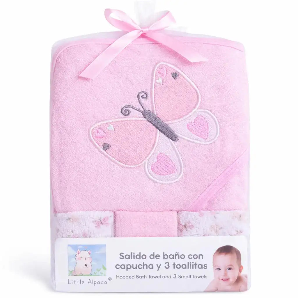 Pink Baby Hooded Bath Towel Set with Cute Animal Design and 3 Wash Cloths