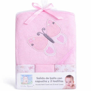 Pink Baby Hooded Bath Towel Set with Cute Animal Design and 3 Wash Cloths