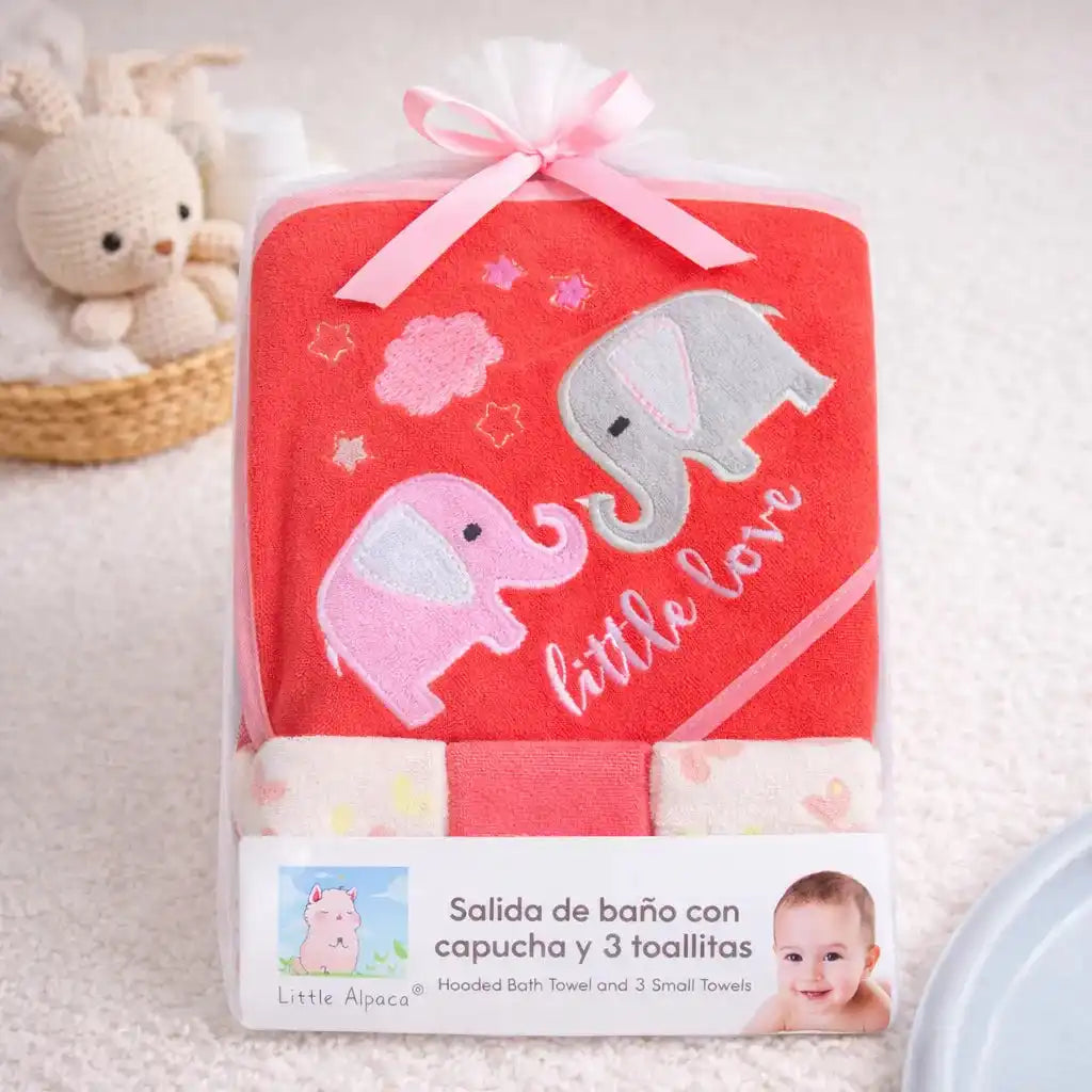 Red Baby Hooded Bath Towel Set with 3 Wash Cloths for Newborns and Infants