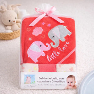 Red Baby Hooded Bath Towel Set with 3 Wash Cloths for Newborns and Infants