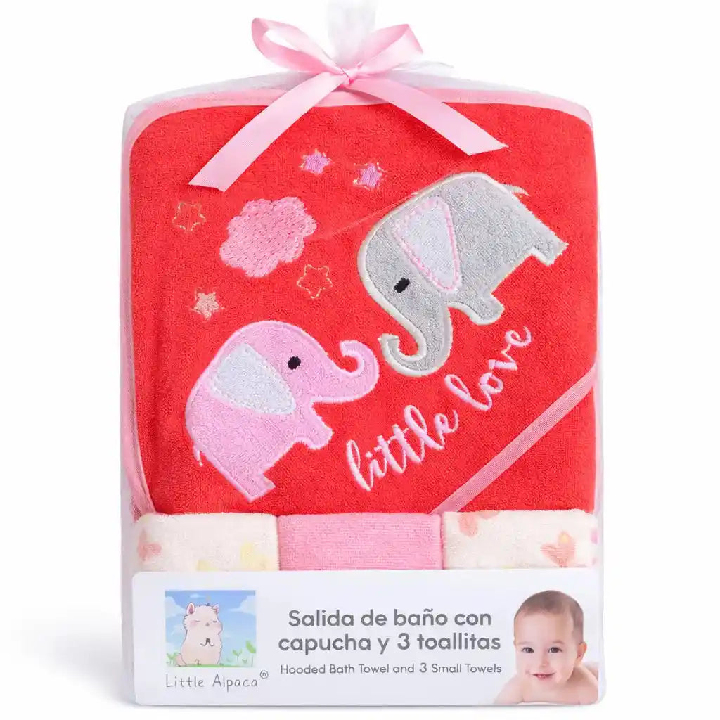 Red Baby Hooded Bath Towel Set with Elephant Design and 3 Soft Wash Cloths