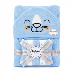 Baby hooded bath towel and washcloth set with blue cat design