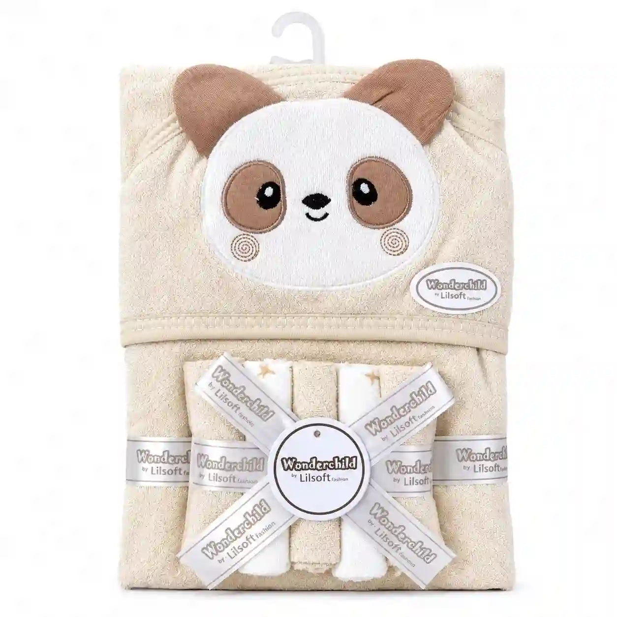 Baby hooded bath towel and washcloth set with cream panda design