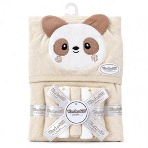 Baby hooded bath towel and washcloth set with cream panda design