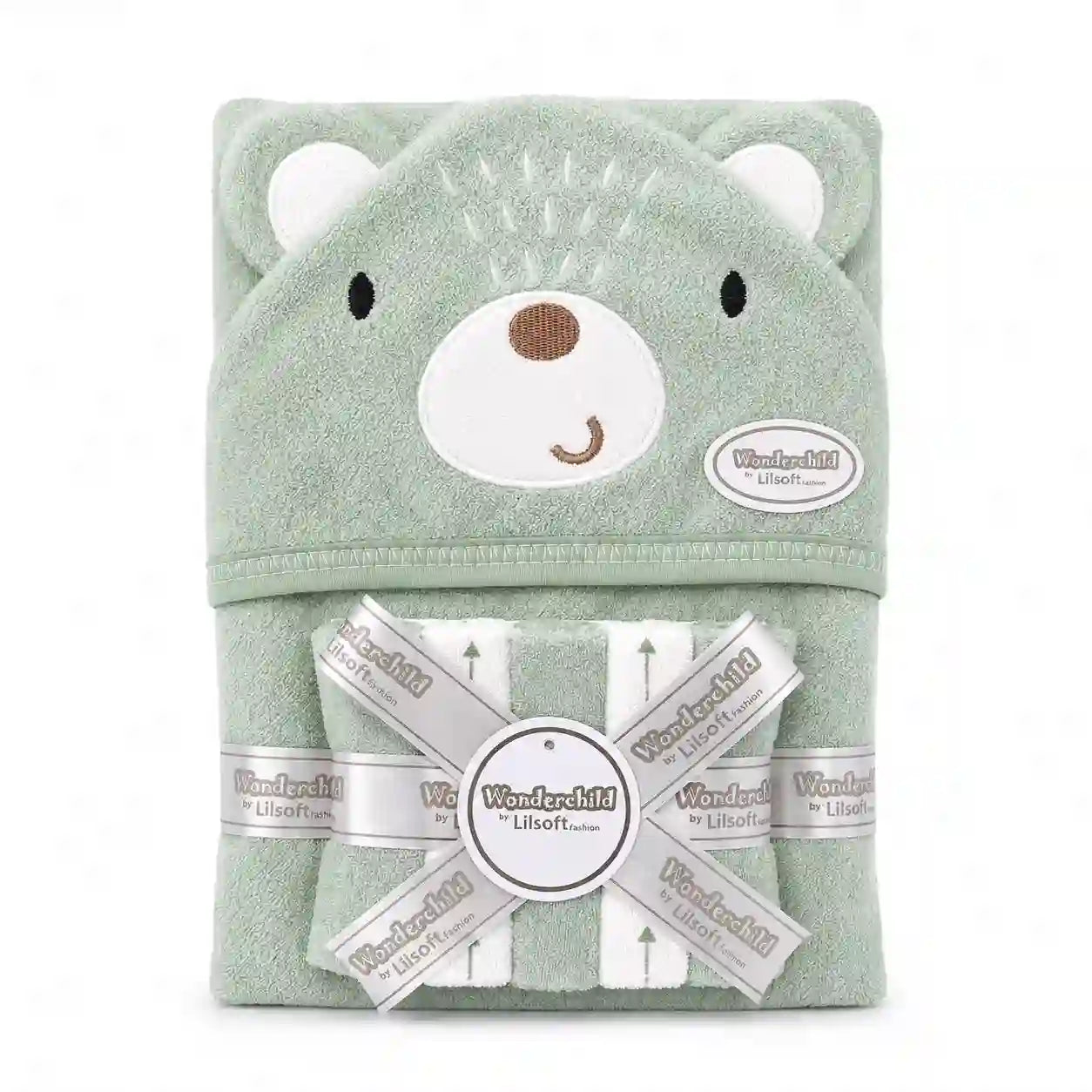 Baby hooded bath towel and washcloth set with pink cat design