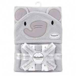 Baby hooded bath towel and washcloth set with grey elephant design 