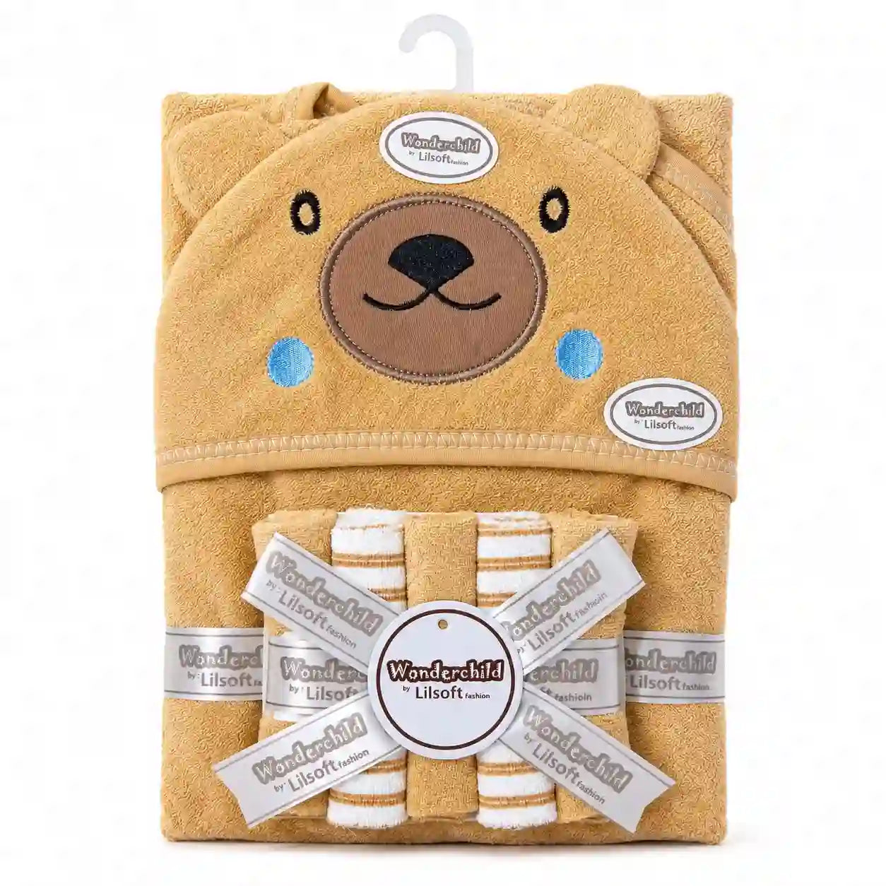 Baby hooded bath towel and washcloth set with mustard bear design