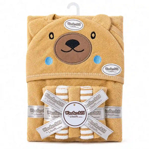 Baby hooded bath towel and washcloth set with mustard bear design