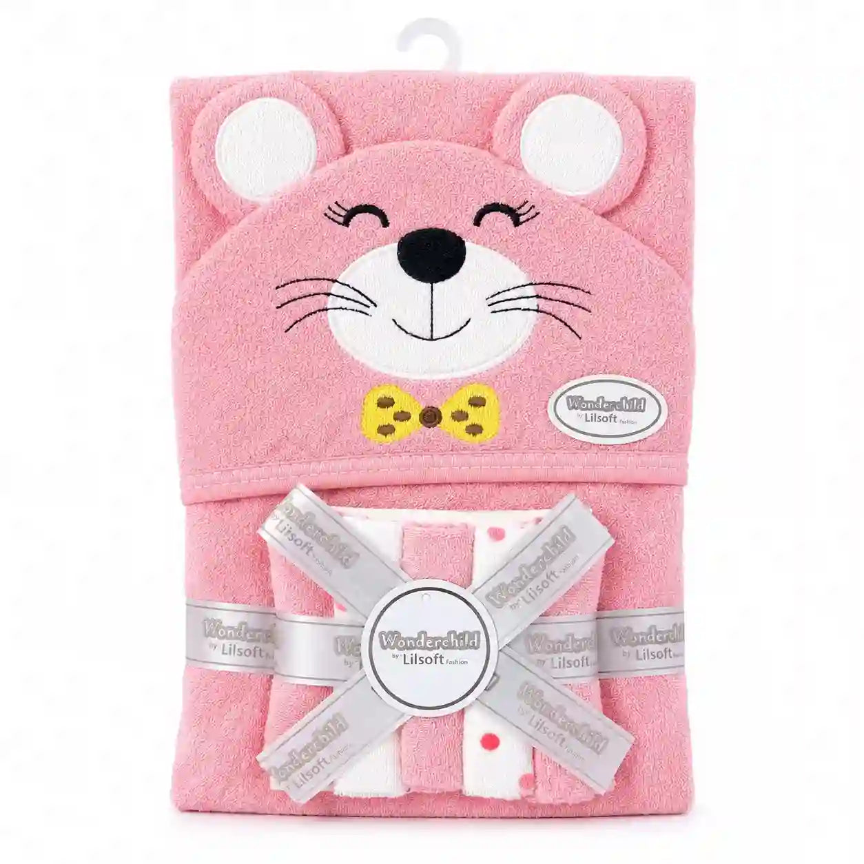 Baby hooded bath towel and washcloth set with pink cat design