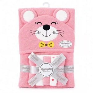 Baby hooded bath towel and washcloth set with pink cat design