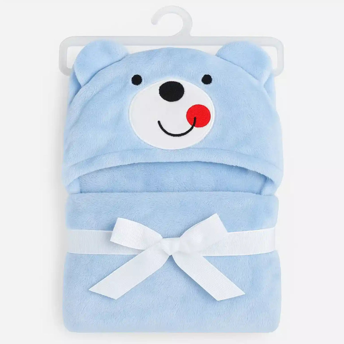 Blue character hooded plush fleece baby wrapping sheet with bow detail