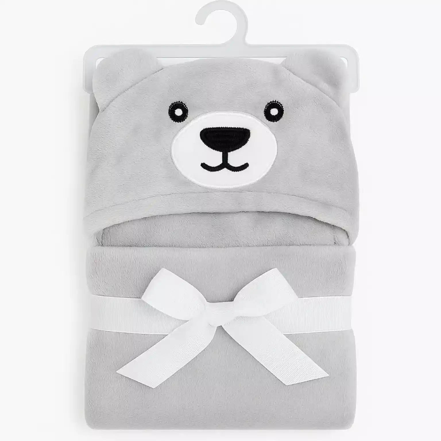 Grey bear hooded plush fleece baby wrapping sheet and blanket, 40 x 30 inches