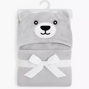 Grey bear hooded plush fleece baby wrapping sheet and blanket, 40 x 30 inches