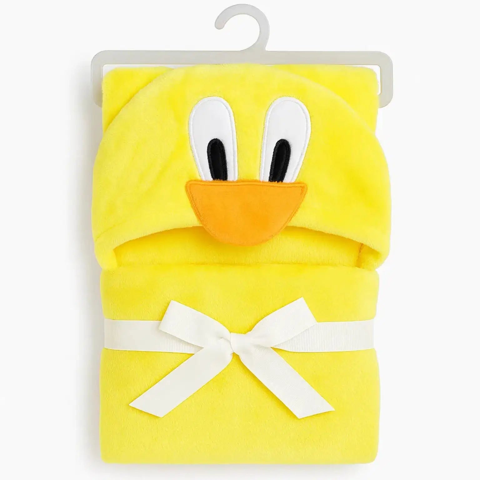 Yellow bird character hooded plush fleece baby wrapping sheet with bow detail