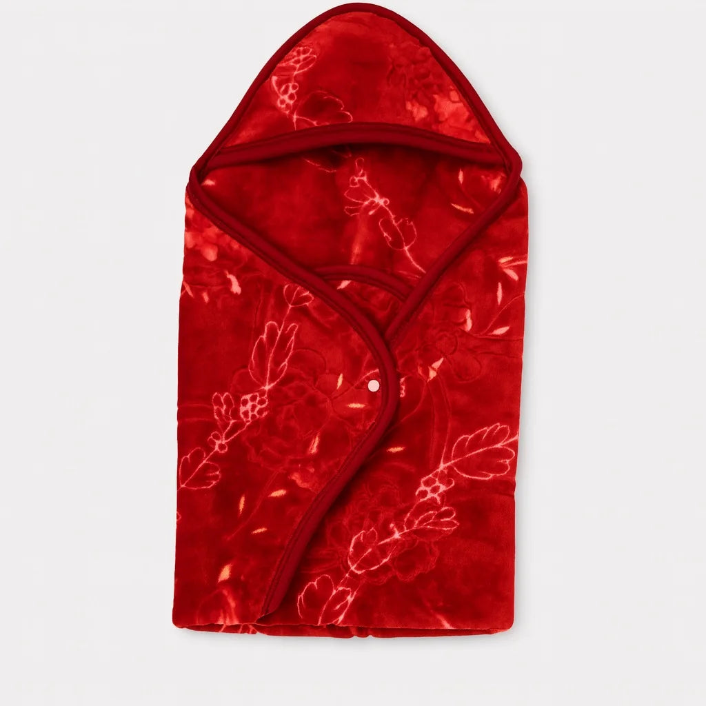 Red plush mink hood blanket with embossed design for babies