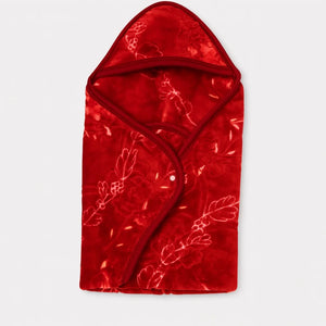 Red plush mink hood blanket with embossed design for babies