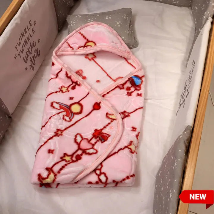 Baby hooded plush blanket in pink cartoon print