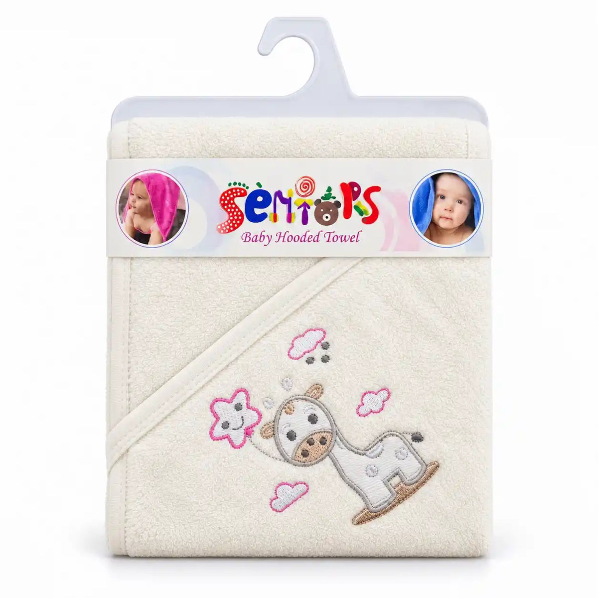 Cream baby hooded bath towel with soft terry fabric