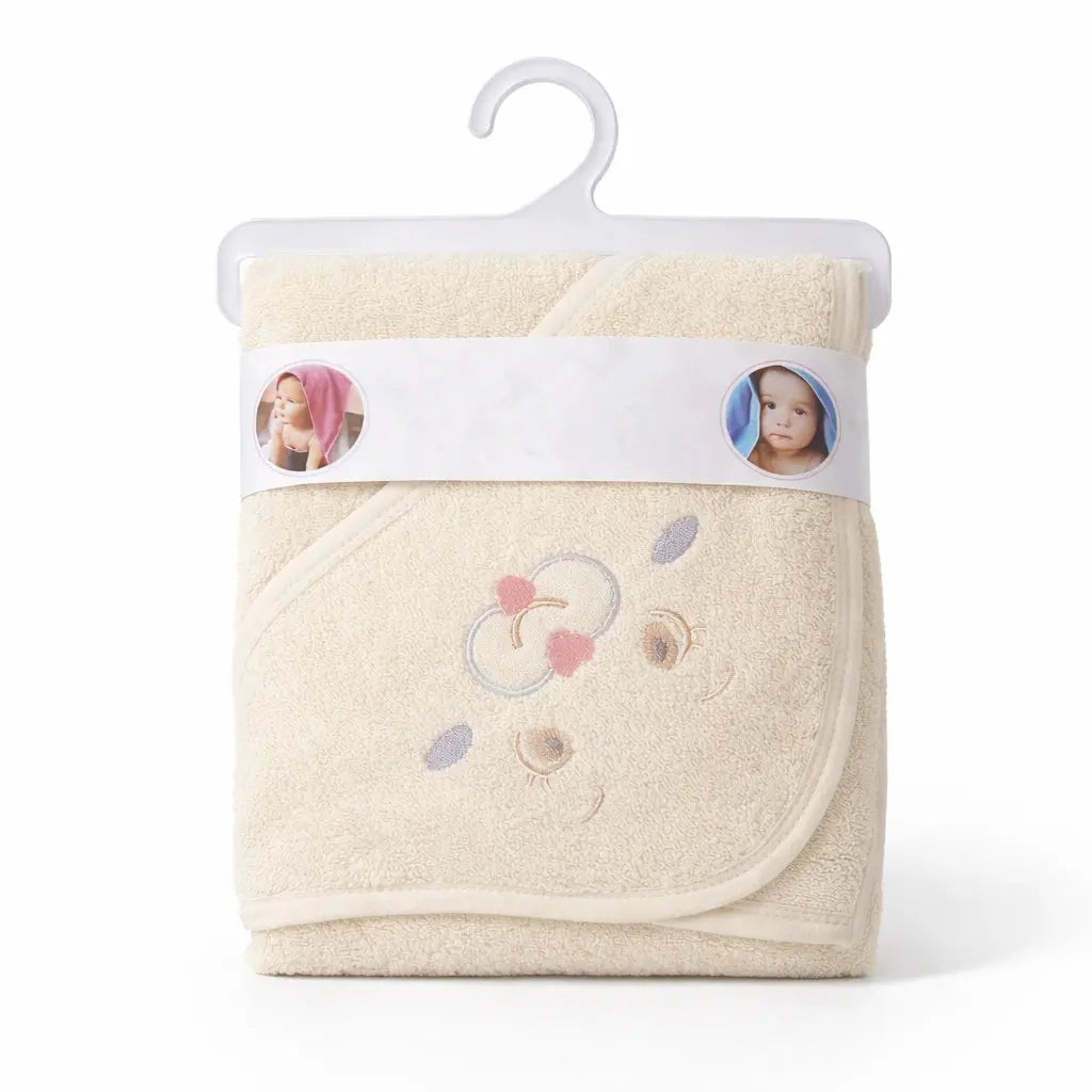 Cream baby hooded bath towel with embroidered design