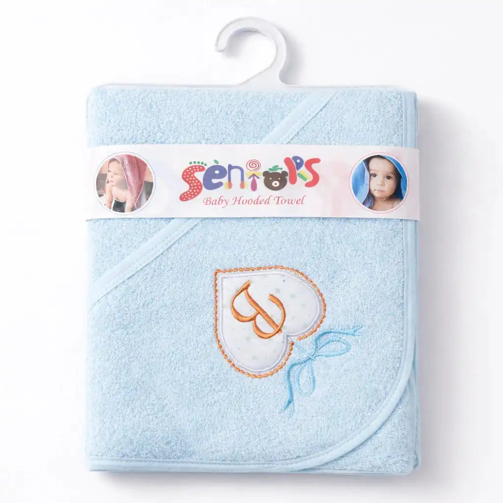 Light blue baby hooded bath towel with embroidered heart design