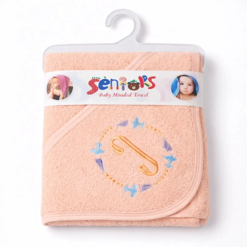 Peach baby hooded bath towel with embroidered letter design