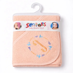 Peach baby hooded bath towel with embroidered letter design