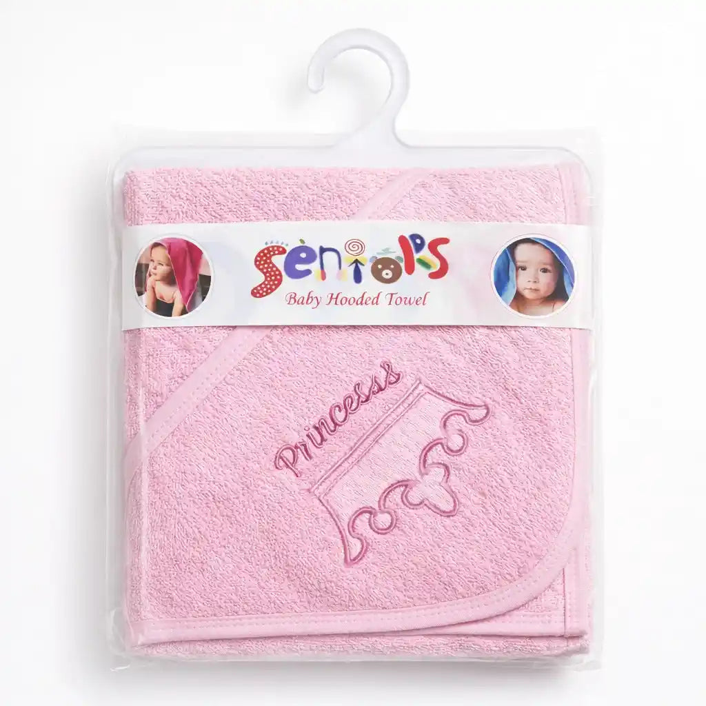 Pink baby hooded bath towel with princess embroidery