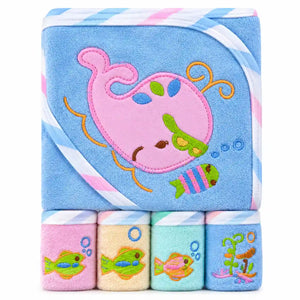 Baby hooded bath towel with 4 washcloths 5 pcs set blue whale design