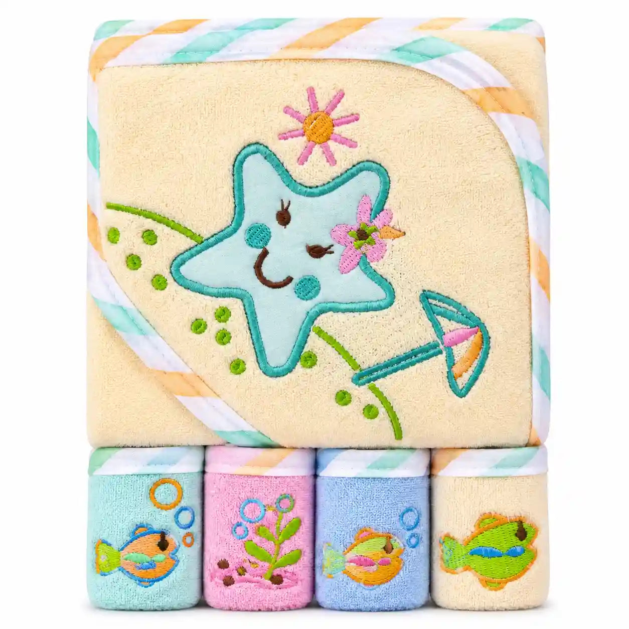 Baby hooded towel and 4 washcloths set cream starfish design