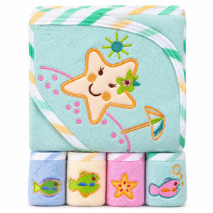 Baby hooded towel with 4 washcloths mint starfish design