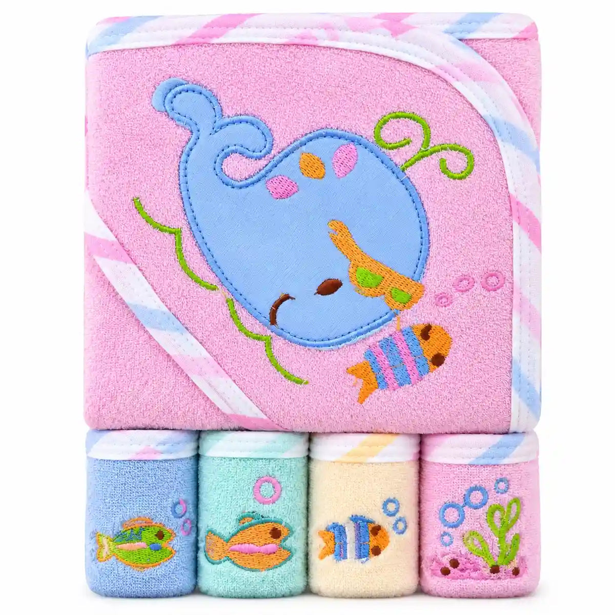 Baby hooded bath towel 5 pcs set pink whale design with washcloths