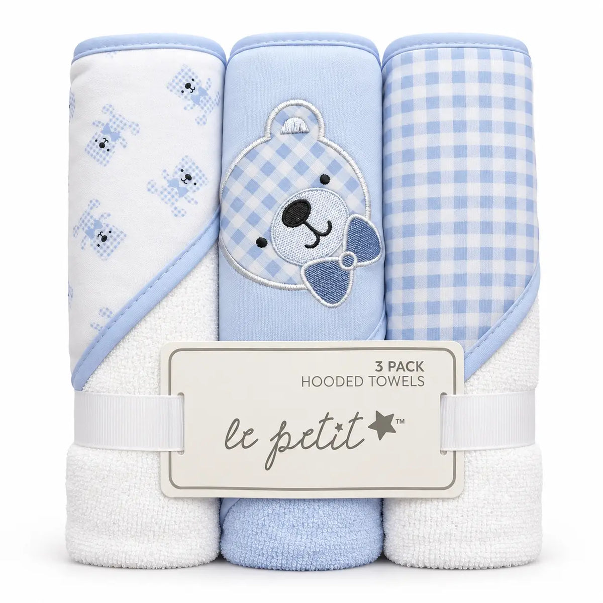 Pack of 3 imported soft baby hooded bath towels in light blue and white with teddy bear print, embroidered bear and blue checkered pattern