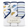 Imported baby hooded bath towels pack of 3 with soft white textured fabric, dinosaur prints, embroidery and navy blue edging