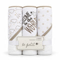 Pack of 3 imported soft baby hooded bath towels in beige and white with moon, clouds, stars prints and Welcome to the World embroidery