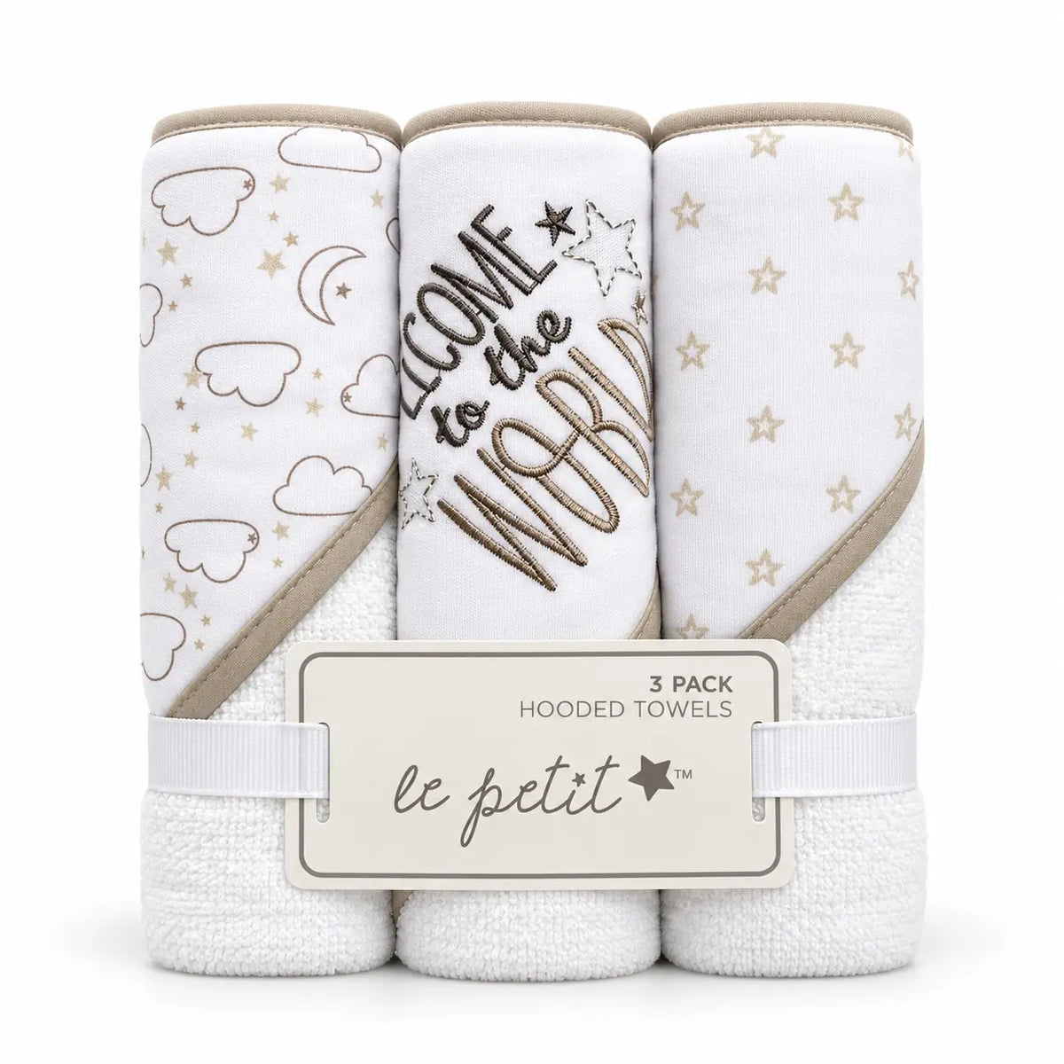 Pack of 3 imported soft baby hooded bath towels in beige and white with moon, clouds, stars prints and Welcome to the World embroidery