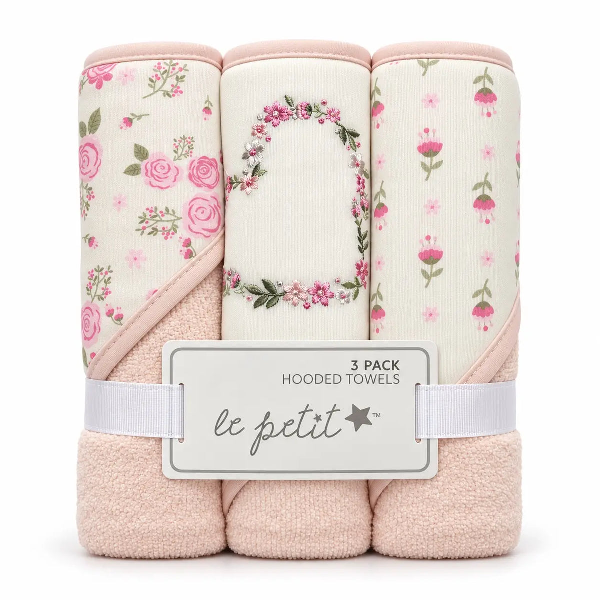 Pack of 3 imported soft baby hooded bath towels in peach pink and cream with rose floral prints, embroidered flower wreath and soft textured fabric