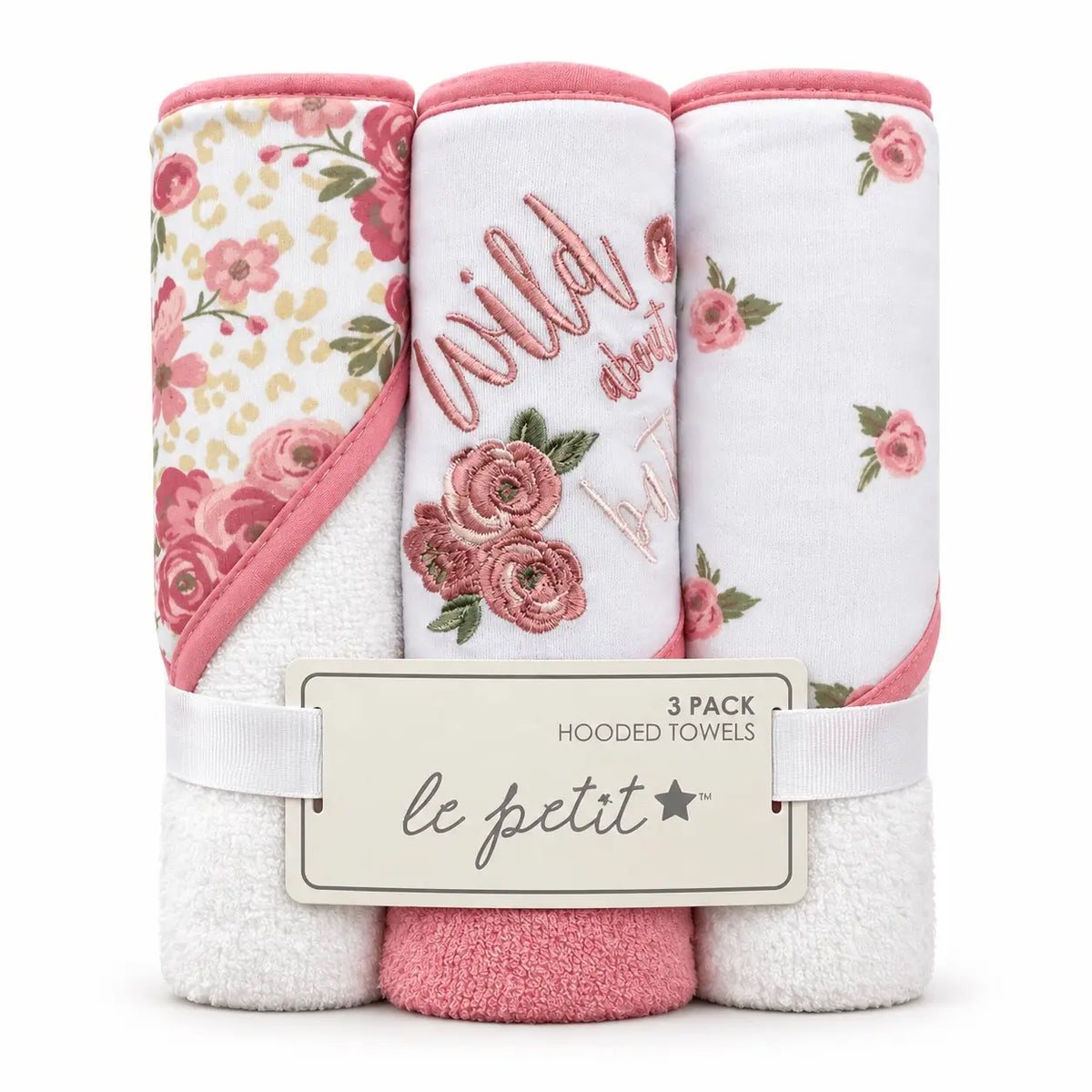 Pack of 3 imported soft baby hooded bath towels in pink and white with floral prints, embroidered roses, soft textured fabric and pink edging