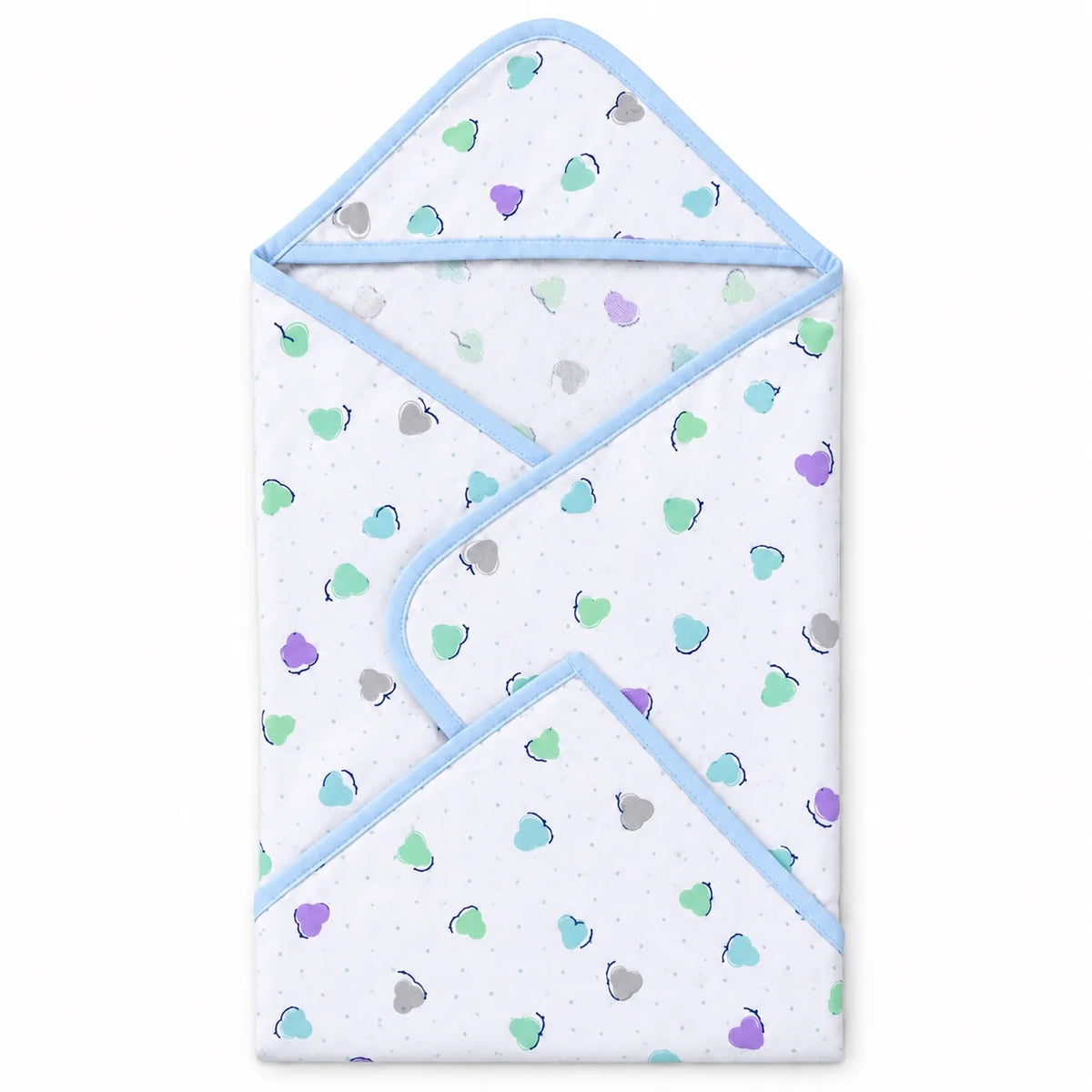 Blue baby hooded wrapping sheet with multicolor heart print and overlapping panels
