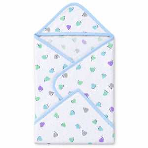Blue baby hooded wrapping sheet with multicolor heart print and overlapping panels