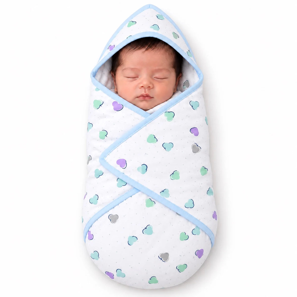 Newborn baby wrapped in blue heart print baby hooded wrapping sheet 30x30 inches